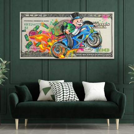 ChandelierDecor - Alec Monopoly Money Millionaire on Heavy Bike Canvas Wall Art