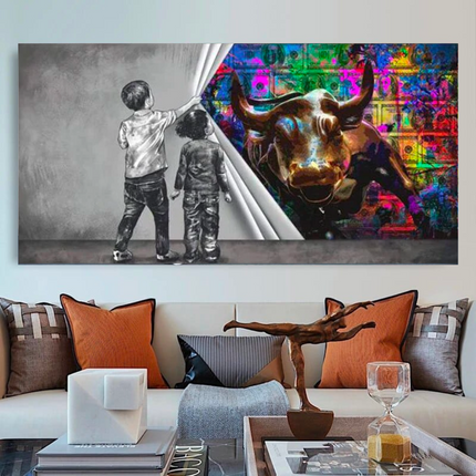 ChandelierDecor - Banksy Art Boy Girl Pulling Curtain Canvas Wall Art