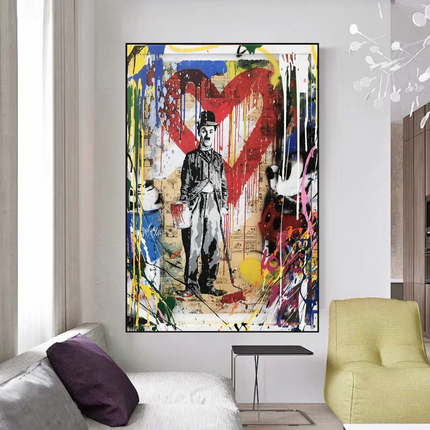 ChandelierDecor - Charlie Chaplin & Mickey Mouse: A Playful Graffiti Canvas Wall Art