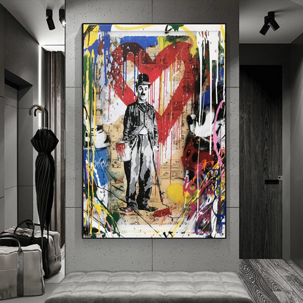 ChandelierDecor - Charlie Chaplin & Mickey Mouse: A Playful Graffiti Canvas Wall Art