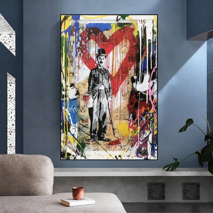 ChandelierDecor - Charlie Chaplin & Mickey Mouse: A Playful Graffiti Canvas Wall Art