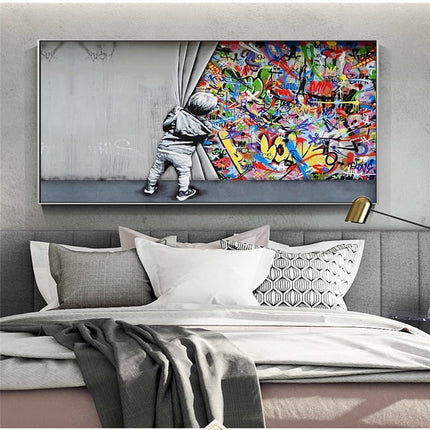 ChandelierDecor - Graffiti Art Boy Behind the Curtain Canvas Wall Art