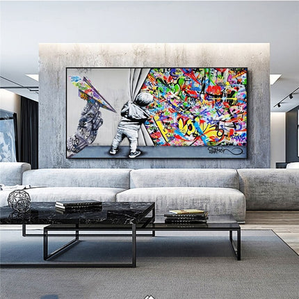 ChandelierDecor - Graffiti Street Art Boy Behind The Curtain Canvas Wall Art