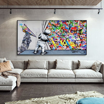 ChandelierDecor - Graffiti Street Art Boy Behind The Curtain Canvas Wall Art