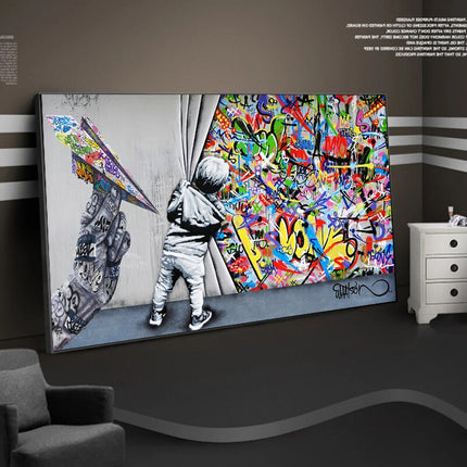 ChandelierDecor - Graffiti Street Art Boy Behind The Curtain Canvas Wall Art