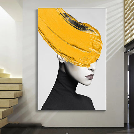 ChandelierDecor - Modern Black Women With Yellow Hat Canvas Wall Art
