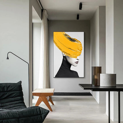 ChandelierDecor - Modern Black Women With Yellow Hat Canvas Wall Art