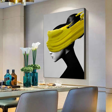 ChandelierDecor - Modern Black Women With Yellow Hat Canvas Wall Art