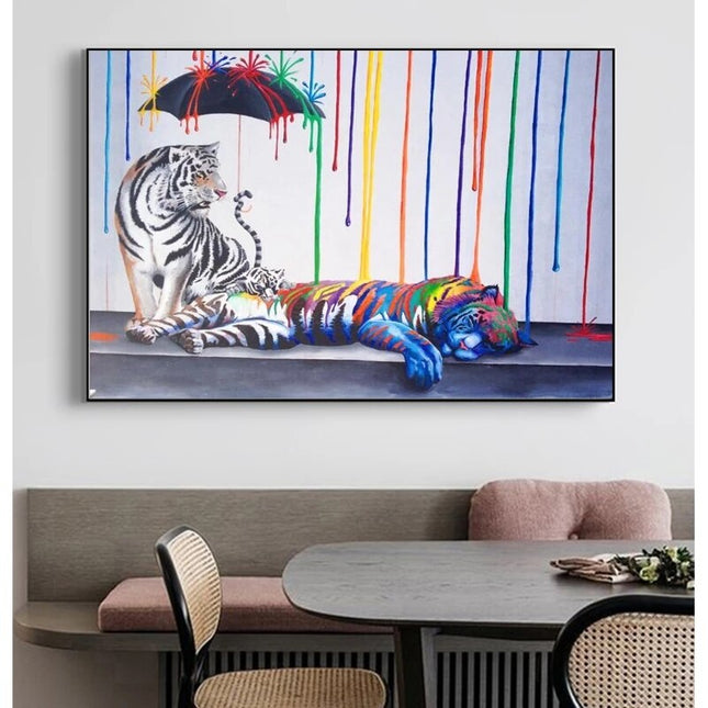 ChandelierDecor - Abstract Colourful Tigers and Umbrella Canvas Wall Hanging Art