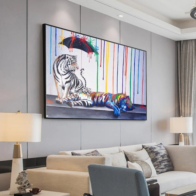 ChandelierDecor - Abstract Colourful Tigers and Umbrella Canvas Wall Hanging Art