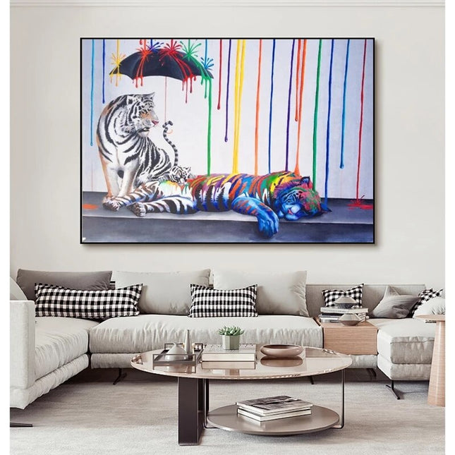 ChandelierDecor - Abstract Colourful Tigers and Umbrella Canvas Wall Hanging Art
