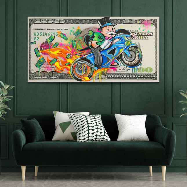 ChandelierDecor - Alec Monopoly Money Millionaire on Heavy Bike Canvas Wall Art