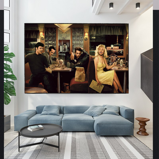 ChandelierDecor - At the Diner: Marilyn, Elvis with James Dean Canvas Art