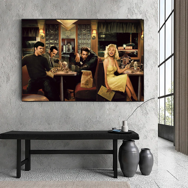 ChandelierDecor - At the Diner: Marilyn, Elvis with James Dean Canvas Art