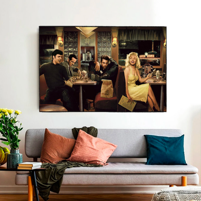 ChandelierDecor - At the Diner: Marilyn, Elvis with James Dean Canvas Art