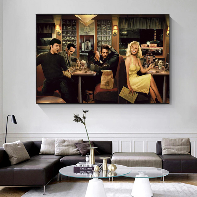 ChandelierDecor - At the Diner: Marilyn, Elvis with James Dean Canvas Art