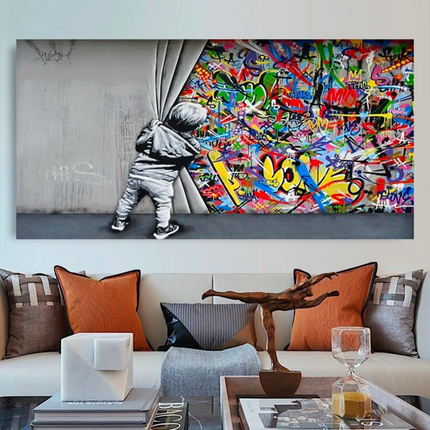 ChandelierDecor - Banksy Boy pulling curtain Canvas Wall Art