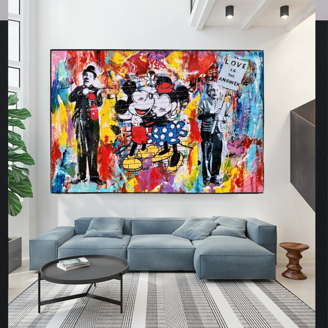 ChandelierDecor - Banksy Love is the Answer Canvas Wall Art - Mickey, Minnie, Chaplin, Einstein