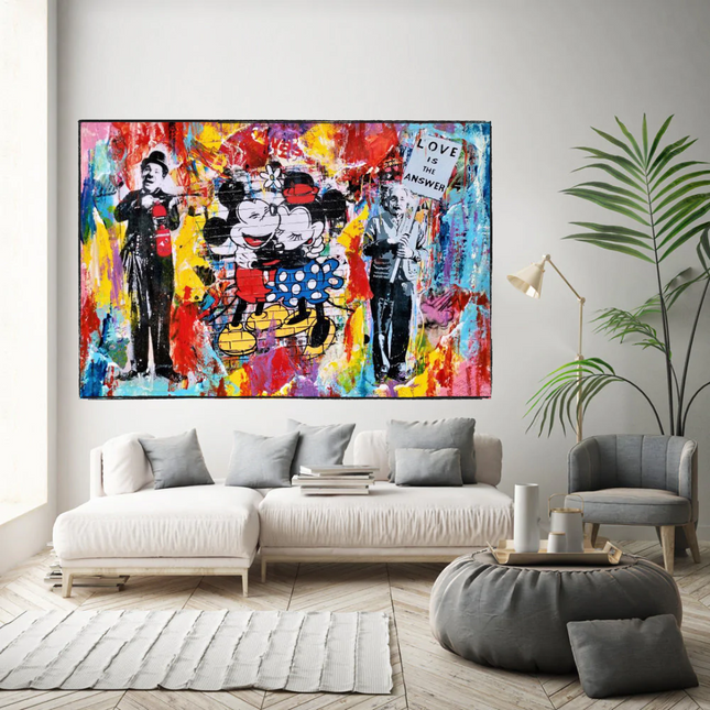 ChandelierDecor - Banksy Love is the Answer Canvas Wall Art - Mickey, Minnie, Chaplin, Einstein