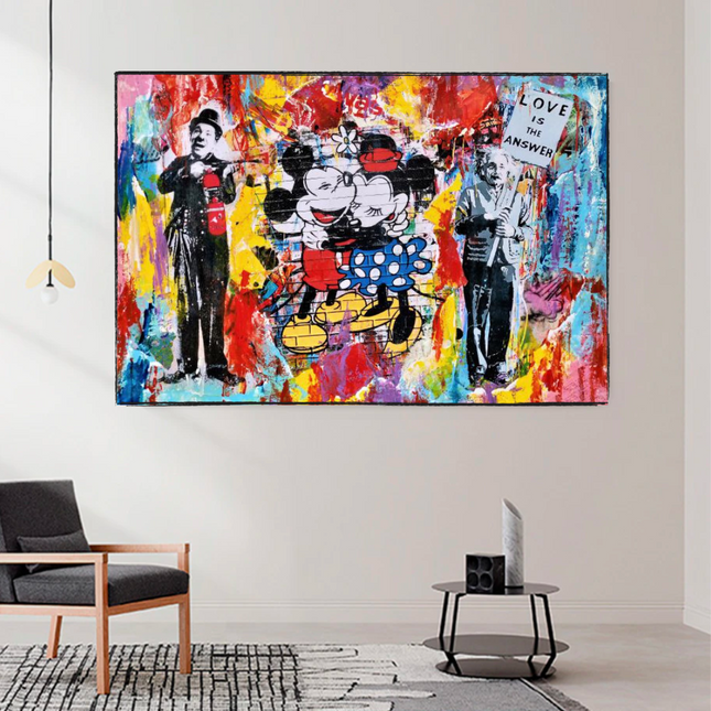 ChandelierDecor - Banksy Love is the Answer Canvas Wall Art - Mickey, Minnie, Chaplin, Einstein