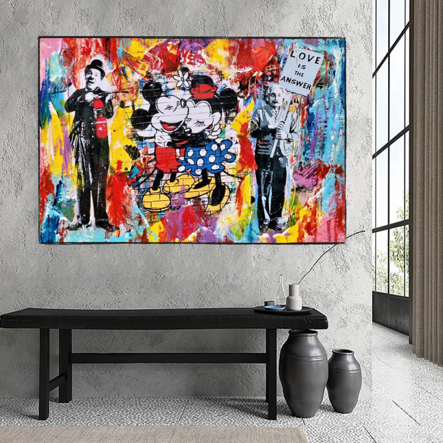 ChandelierDecor - Banksy Love is the Answer Canvas Wall Art - Mickey, Minnie, Chaplin, Einstein
