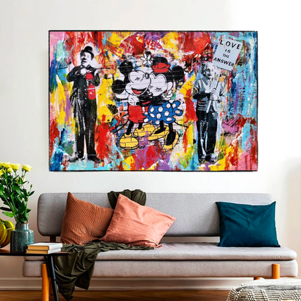 ChandelierDecor - Banksy Love is the Answer Canvas Wall Art - Mickey, Minnie, Chaplin, Einstein