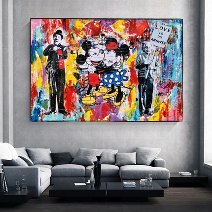 ChandelierDecor - Banksy Love is the Answer Canvas Wall Art - Mickey, Minnie, Chaplin, Einstein