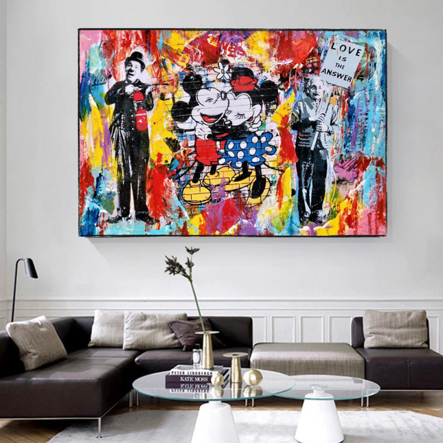 ChandelierDecor - Banksy Love is the Answer Canvas Wall Art - Mickey, Minnie, Chaplin, Einstein