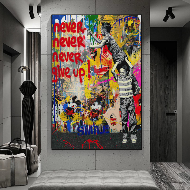 ChandelierDecor - Banksy Never Give Up: Inspirational Street Art Canvas Wall Decor