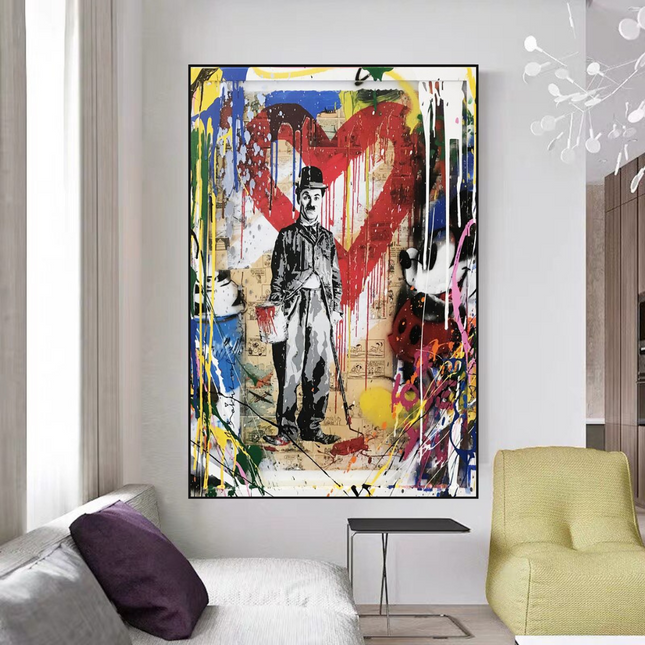ChandelierDecor - Charlie Chaplin & Mickey Mouse: A Playful Graffiti Canvas Wall Art