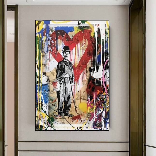 ChandelierDecor - Charlie Chaplin & Mickey Mouse: A Playful Graffiti Canvas Wall Art