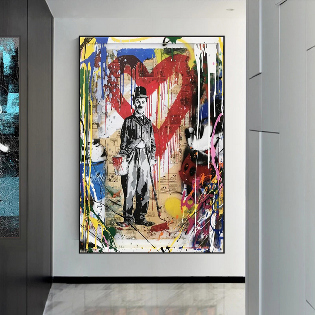 ChandelierDecor - Charlie Chaplin & Mickey Mouse: A Playful Graffiti Canvas Wall Art