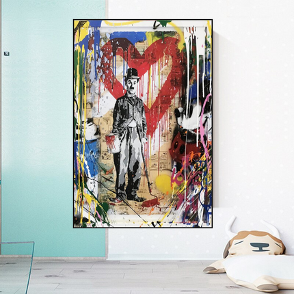 ChandelierDecor - Charlie Chaplin & Mickey Mouse: A Playful Graffiti Canvas Wall Art