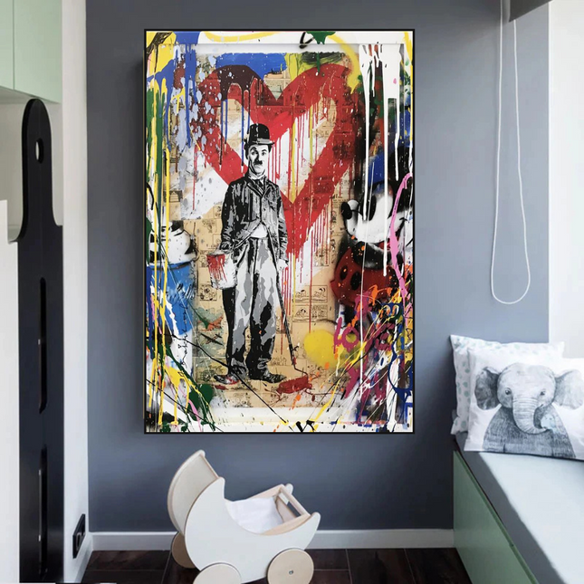 ChandelierDecor - Charlie Chaplin & Mickey Mouse: A Playful Graffiti Canvas Wall Art