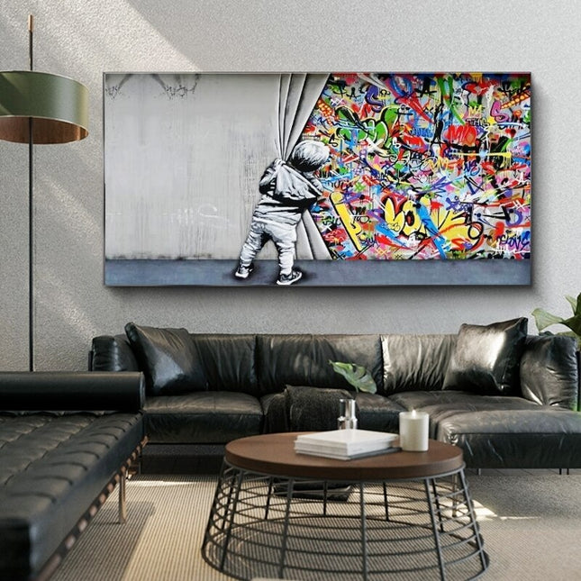 ChandelierDecor - Graffiti Art Boy Behind the Curtain Canvas Wall Art