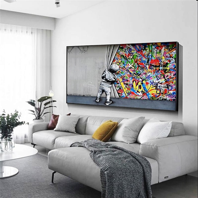 ChandelierDecor - Graffiti Art Boy Behind the Curtain Canvas Wall Art