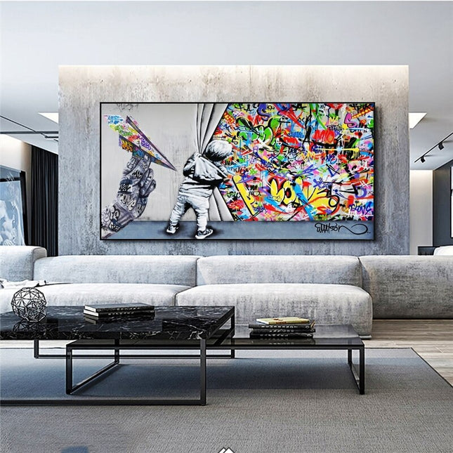 ChandelierDecor - Graffiti Street Art Boy Behind The Curtain Canvas Wall Art