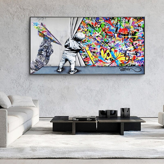 ChandelierDecor - Graffiti Street Art Boy Behind The Curtain Canvas Wall Art