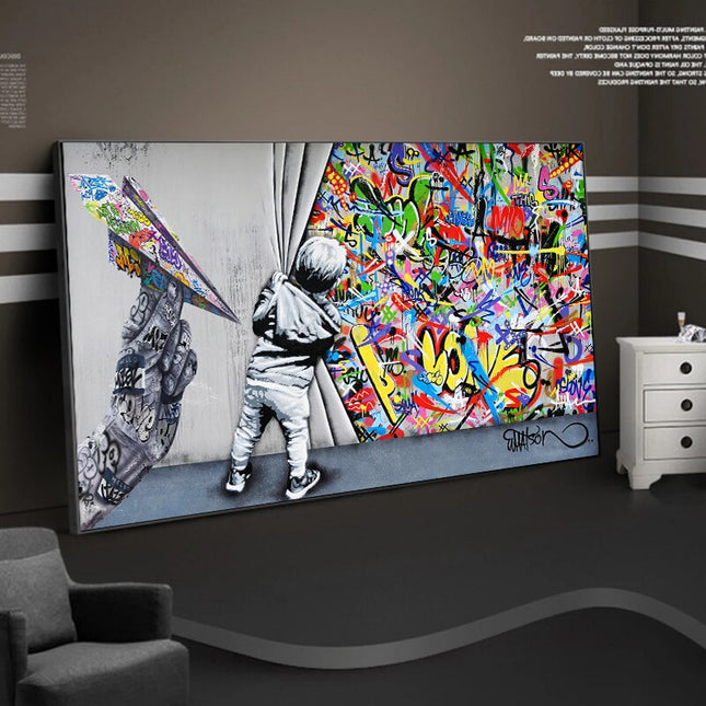 ChandelierDecor - Graffiti Street Art Boy Behind The Curtain Canvas Wall Art