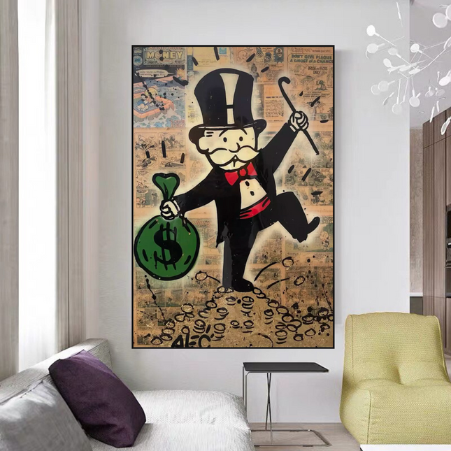 ChandelierDecor - Mr Monopoly Canvas Wall Art - Money Bags