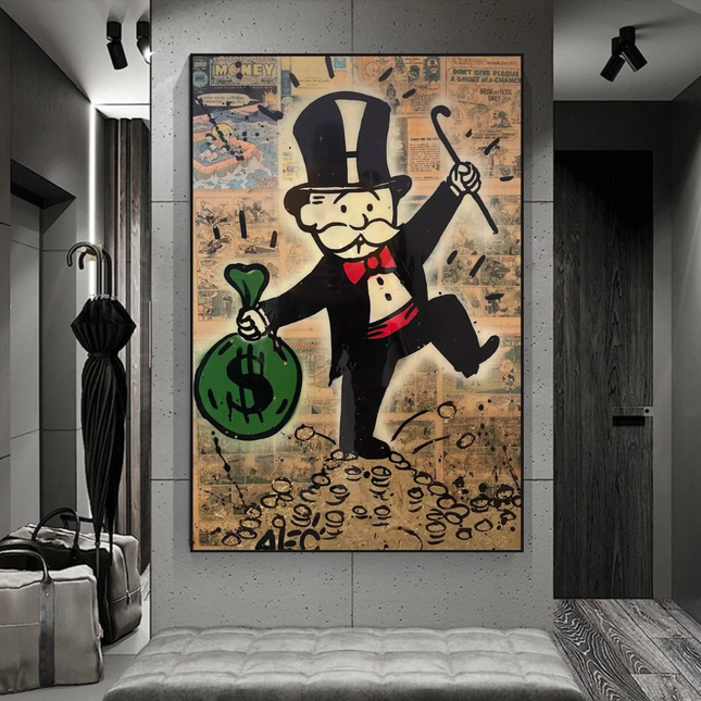 ChandelierDecor - Mr Monopoly Canvas Wall Art - Money Bags