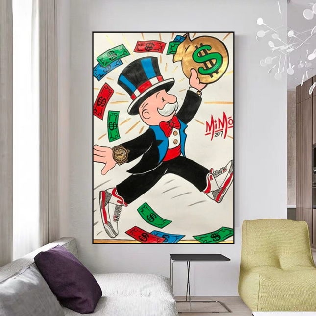 ChandelierDecor - Vintage Alec Monopoly with money flying Canvas Wall Art