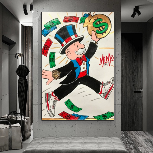 ChandelierDecor - Vintage Alec Monopoly with money flying Canvas Wall Art