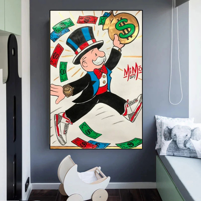 ChandelierDecor - Vintage Alec Monopoly with money flying Canvas Wall Art