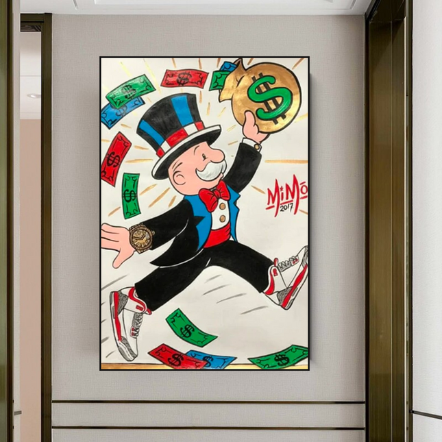ChandelierDecor - Vintage Alec Monopoly with money flying Canvas Wall Art