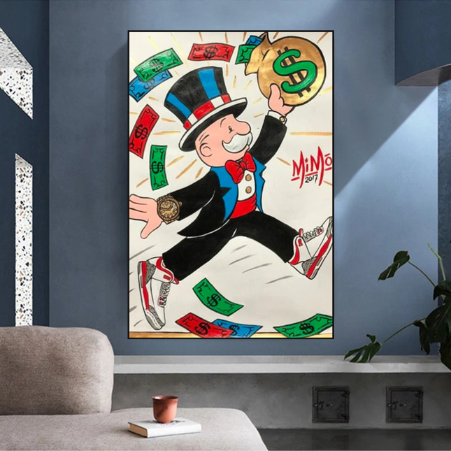 ChandelierDecor - Vintage Alec Monopoly with money flying Canvas Wall Art
